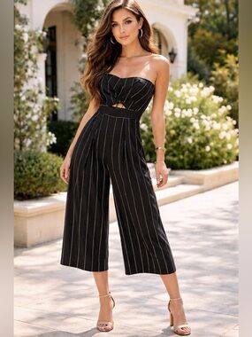 NWT Sensemill Strapless Pinstripe Wide Leg Cropped Jumpsuit Small Sample Chic